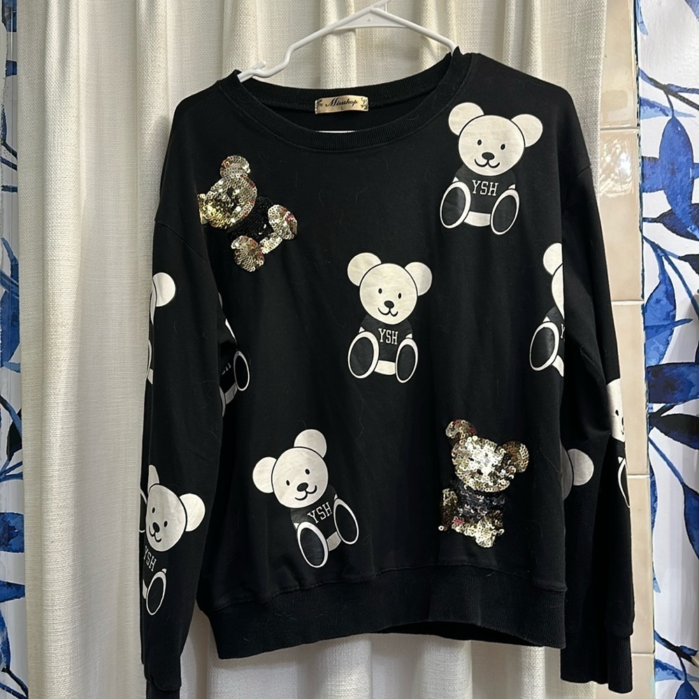 Missshop Korean Style Black White & Silver Sequin Teddy Bear Long Sleeve Top